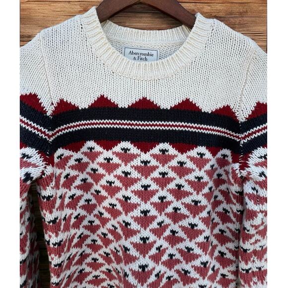 Abercrombie & Fitch Fair Isle Crewneck Ivory Red Blush Blue Sweater size Small - Picture 2 of 10